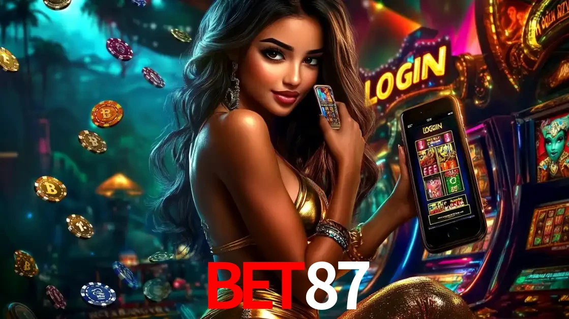 Mulher em um cenário de cassino temático de aventura, mostrando o app de caça-níqueis da BET87 no celular. Fichas de apostas flutuam ao redor.