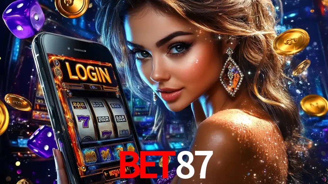 Mulher glamorosa segurando um smartphone com a tela de login para os jogos de caça-níqueis do cassino online BET87, com moedas de ouro e dados ao redor.