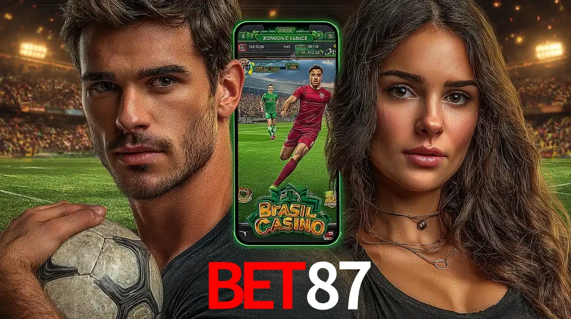Homem segurando uma bola de futebol e uma mulher ao lado de um smartphone exibindo o jogo de apostas esportivas da BET87. Faça seu palpite no cassino online.